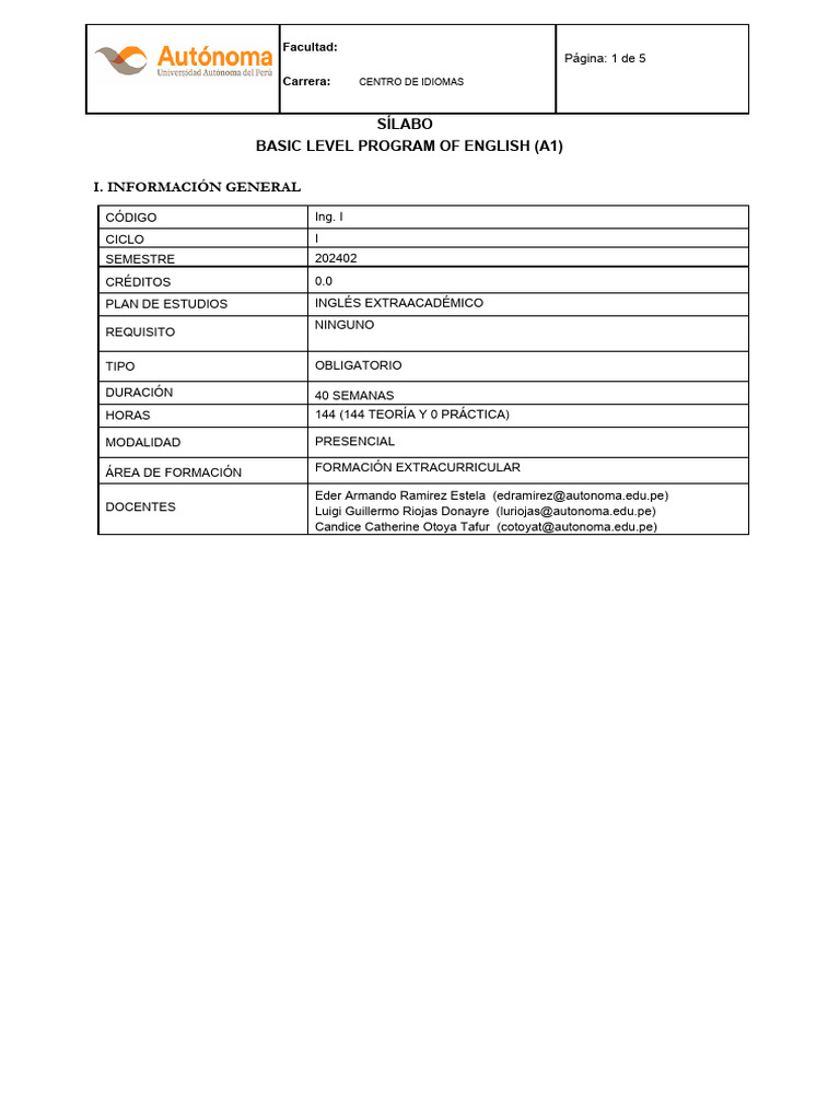 Programa de Inglés A1: Nivel Básico | PDF