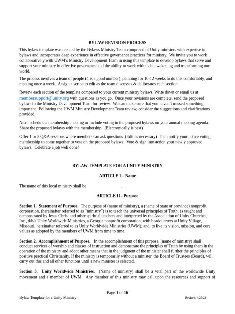 Bylaw Template For Unity Ministry - Apr. 25, 2023 | PDF | Board Of ...