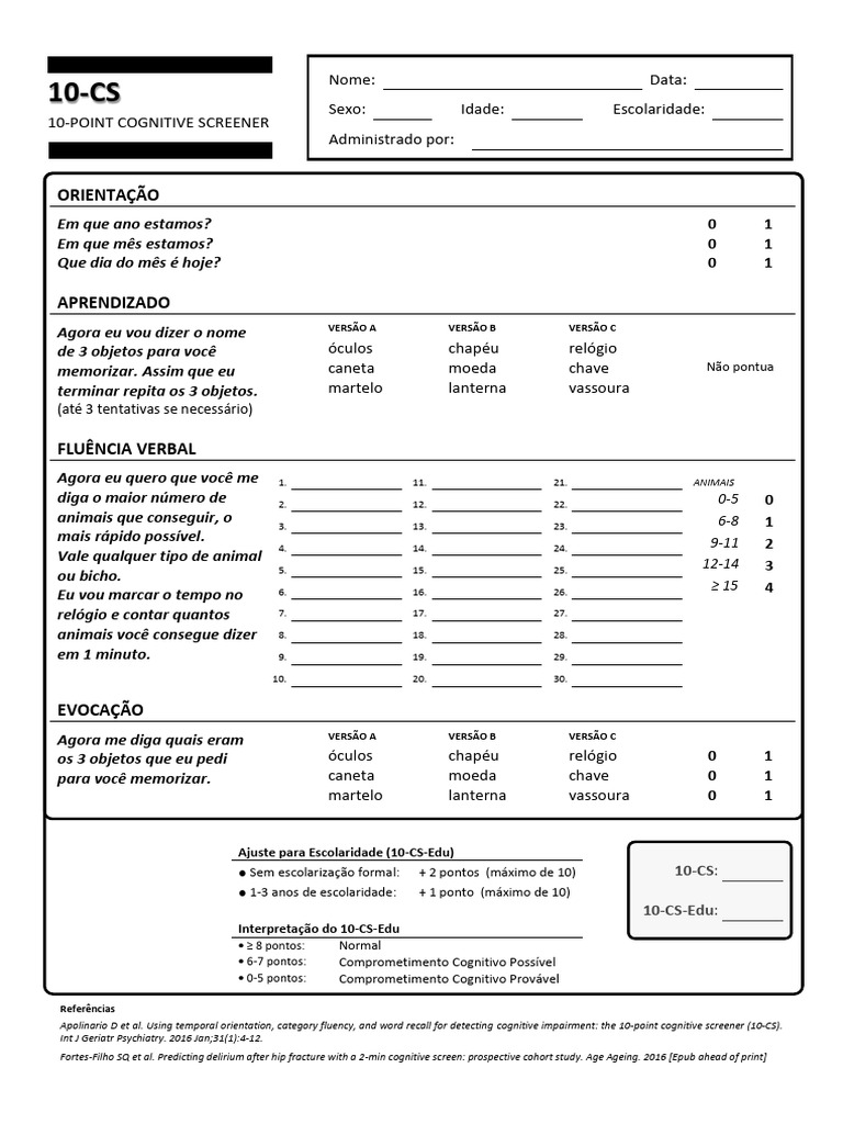 Avaliação Cognitiva: 10-Point Screener | PDF