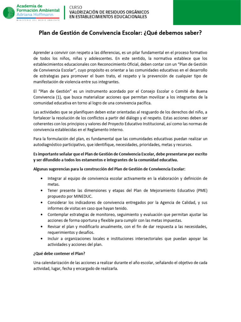 Plan de Gestión de Convivencia Escolar | PDF | Crecimiento personal y ...