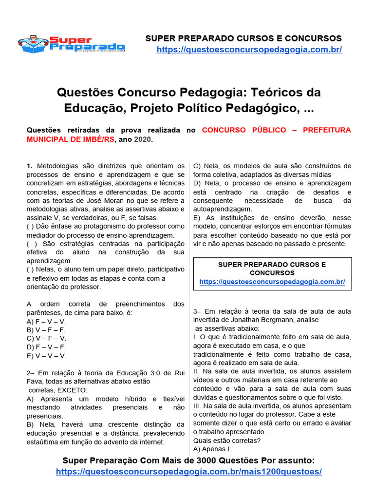 Questões de Pedagogia para Concursos | PDF | Pedagogia | Aprendizado