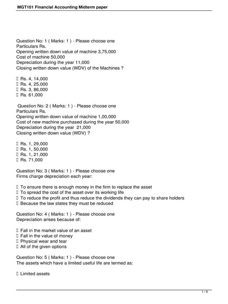MGT101 Financial Accounting Midterm Exam | PDF | Banks | Depreciation