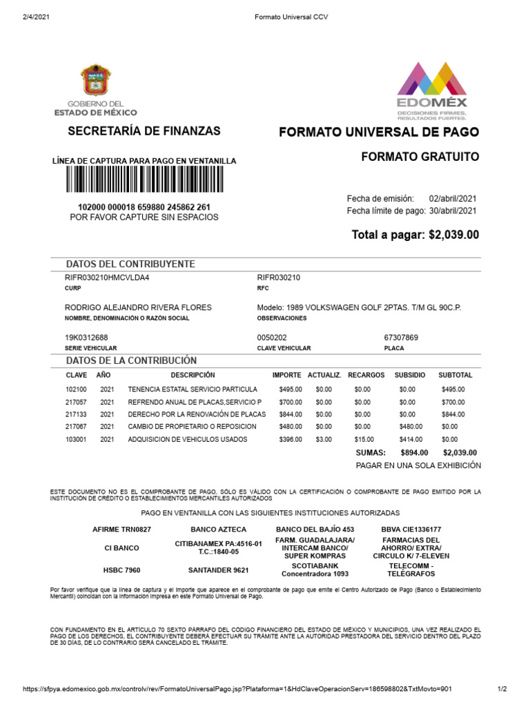 Formato Universal de Pago 2021 | PDF | Bancario | Bancos