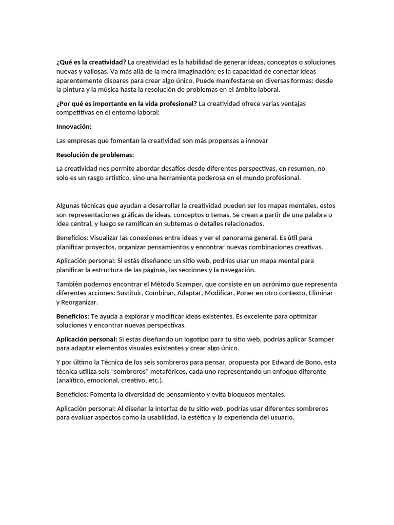 Importancia de la Creatividad Profesional | PDF