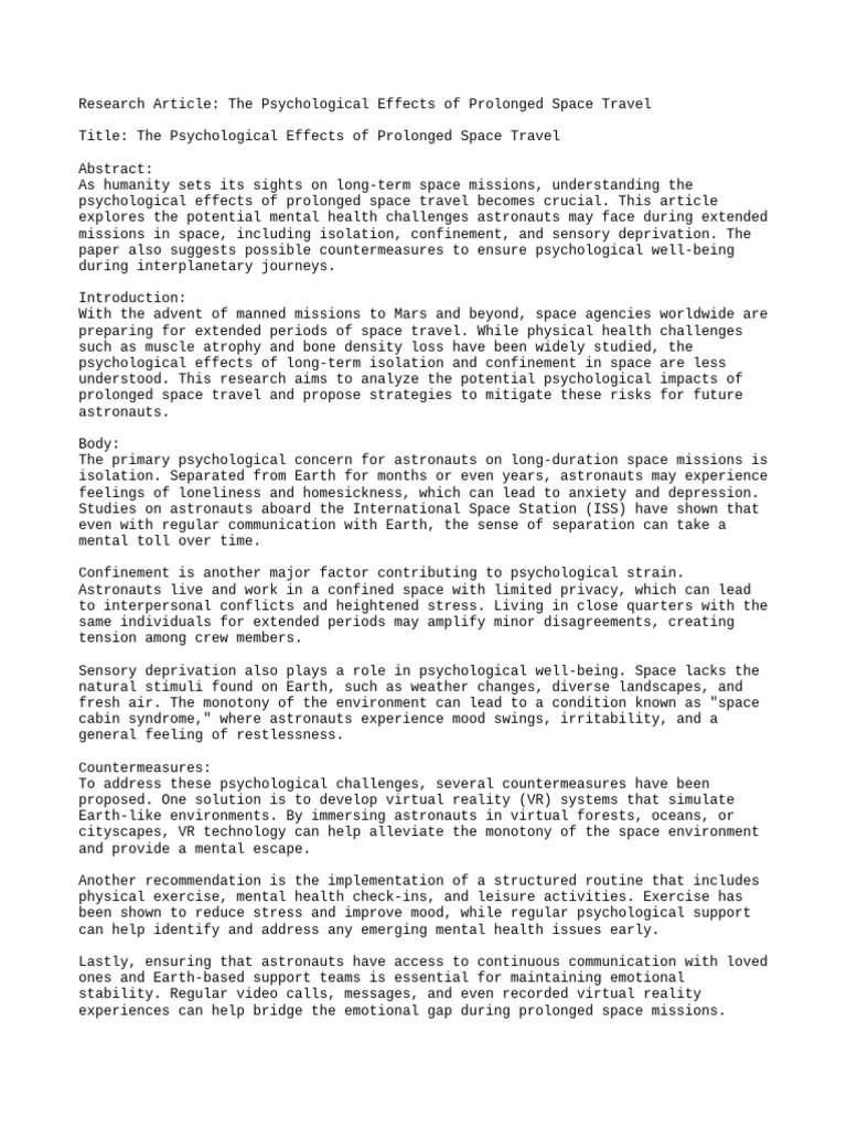 Psychological Effects Of Prolonged Space Travel Pdf Human