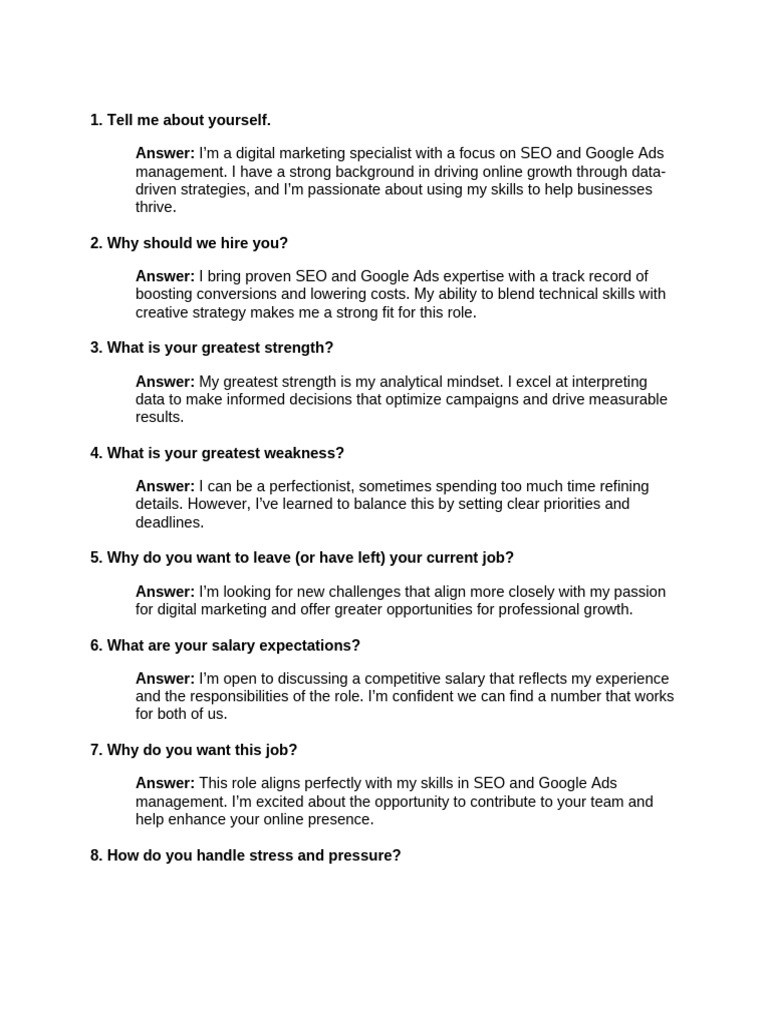 Answers To 10 Interview Questions Pdf
