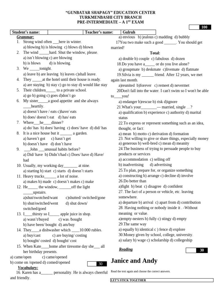 PRE - INTERMEDIATE A - 1ST EXAM - Ok | PDF