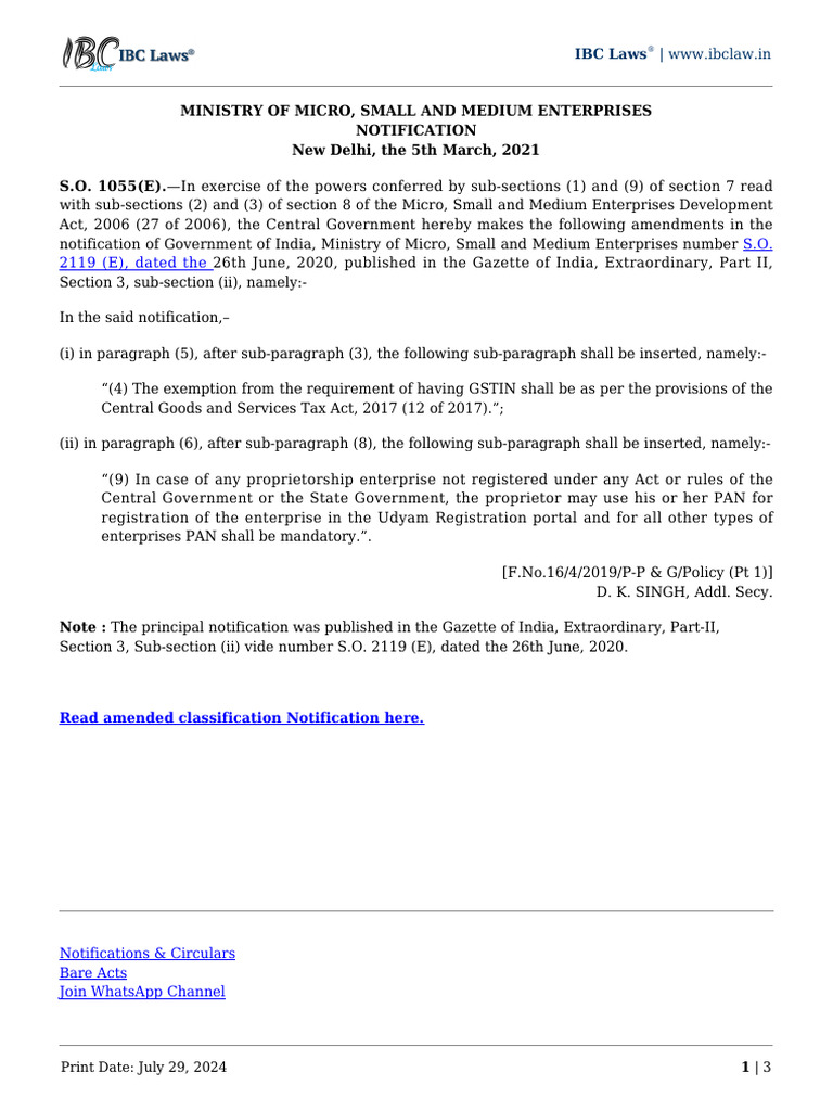 Amendment in Msme Classification Notification No S o 2119 e Dated The ...
