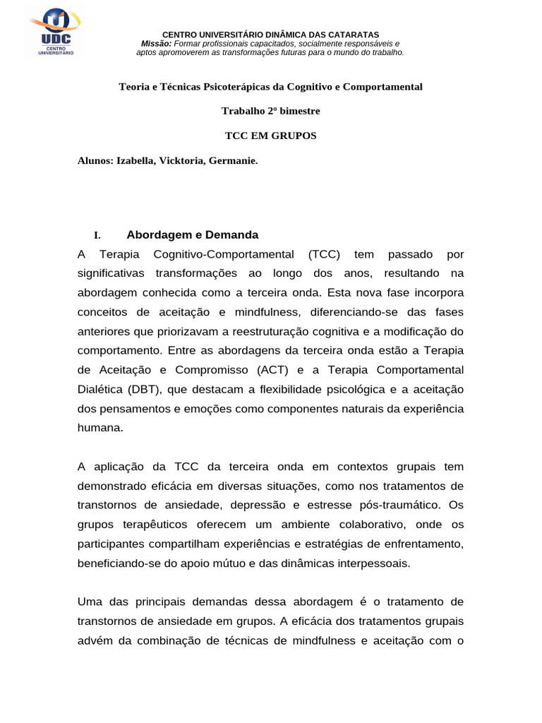 TCC em Grupos: Técnicas e Eficácia | PDF | Terapia cognitiva ...