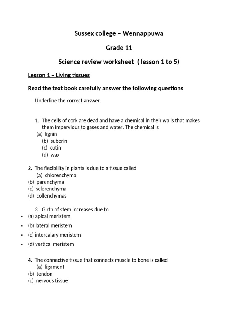 Grade 11 Science Review Worksheet | PDF | Tissue (Biology) | Sound