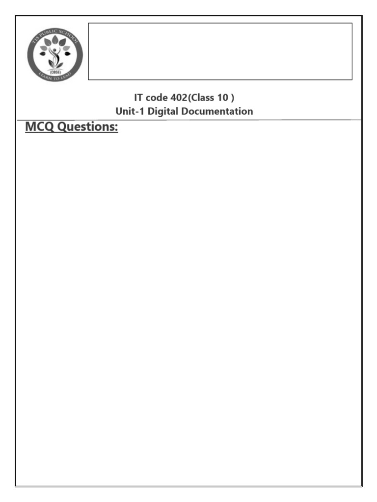 Class 10 Digital Documentation MCQs | PDF | Image Scanner | Databases