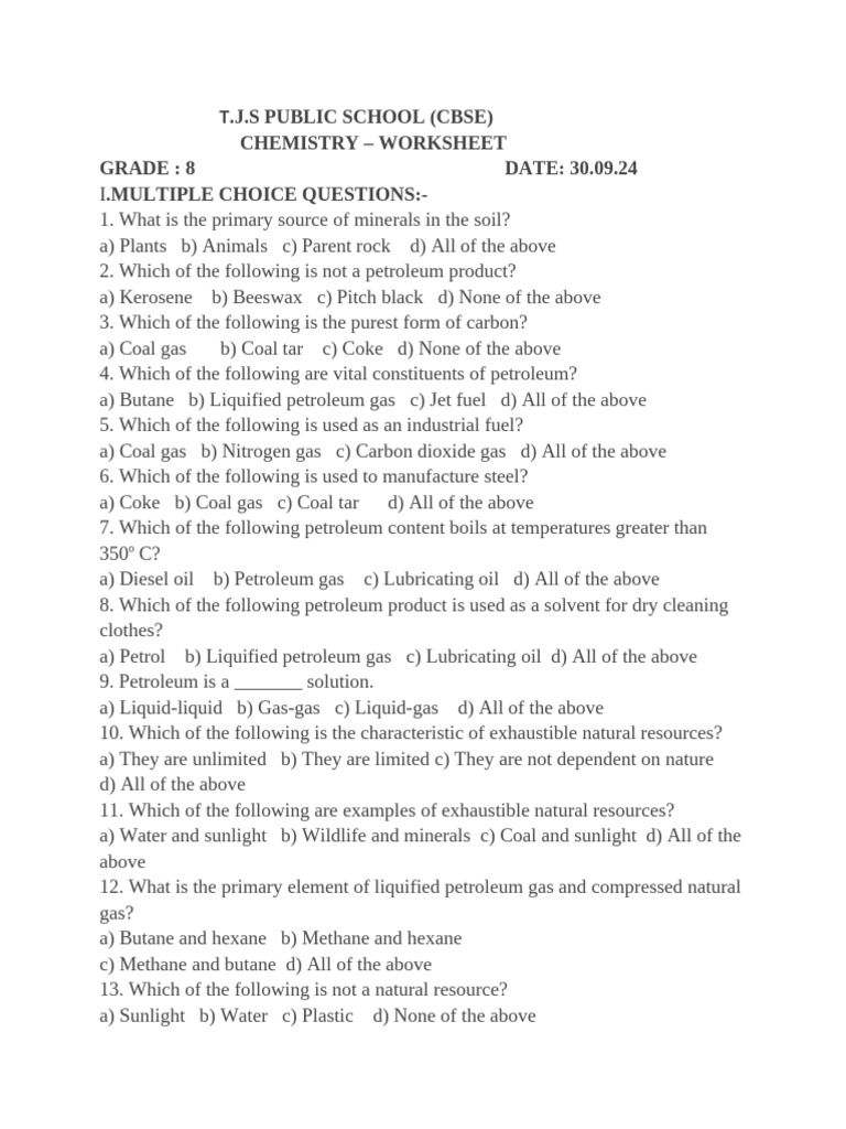 Grade 8 Chemistry Worksheet 2 Mon Pdf Petroleum Fuels