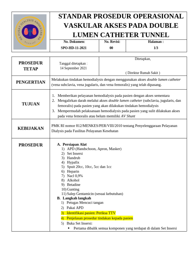 Prosedur Pemasangan CDL Hemodialisis | PDF