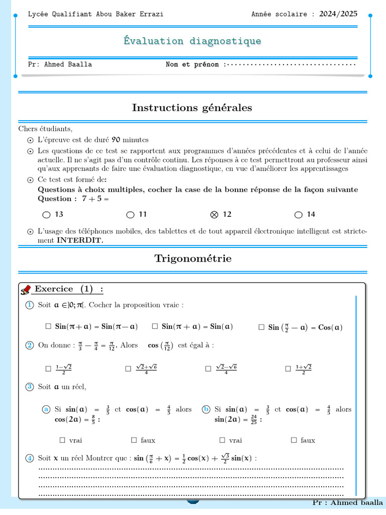 Test Diagnostique Math 1er Bac | PDF | Fonction (Mathématiques ...
