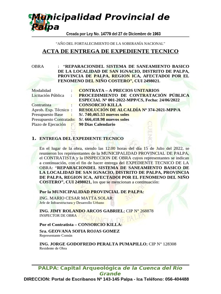 Acta Entrega Expediente Tecnico San Ignacio | PDF