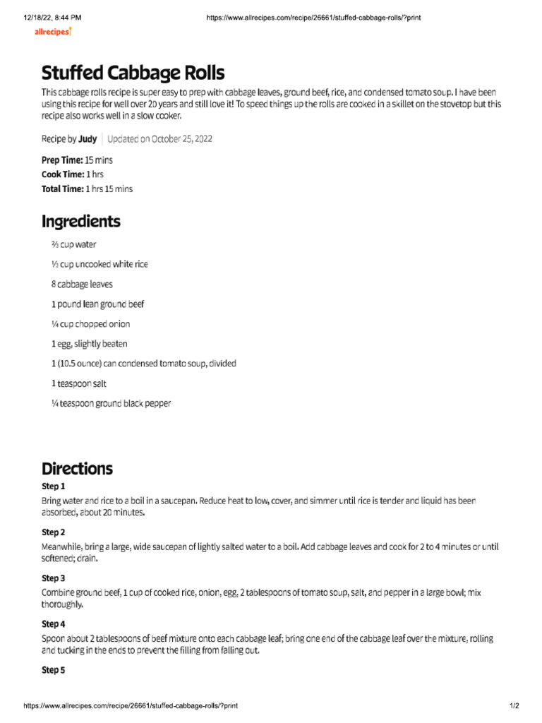 Cabbage Rolls | PDF