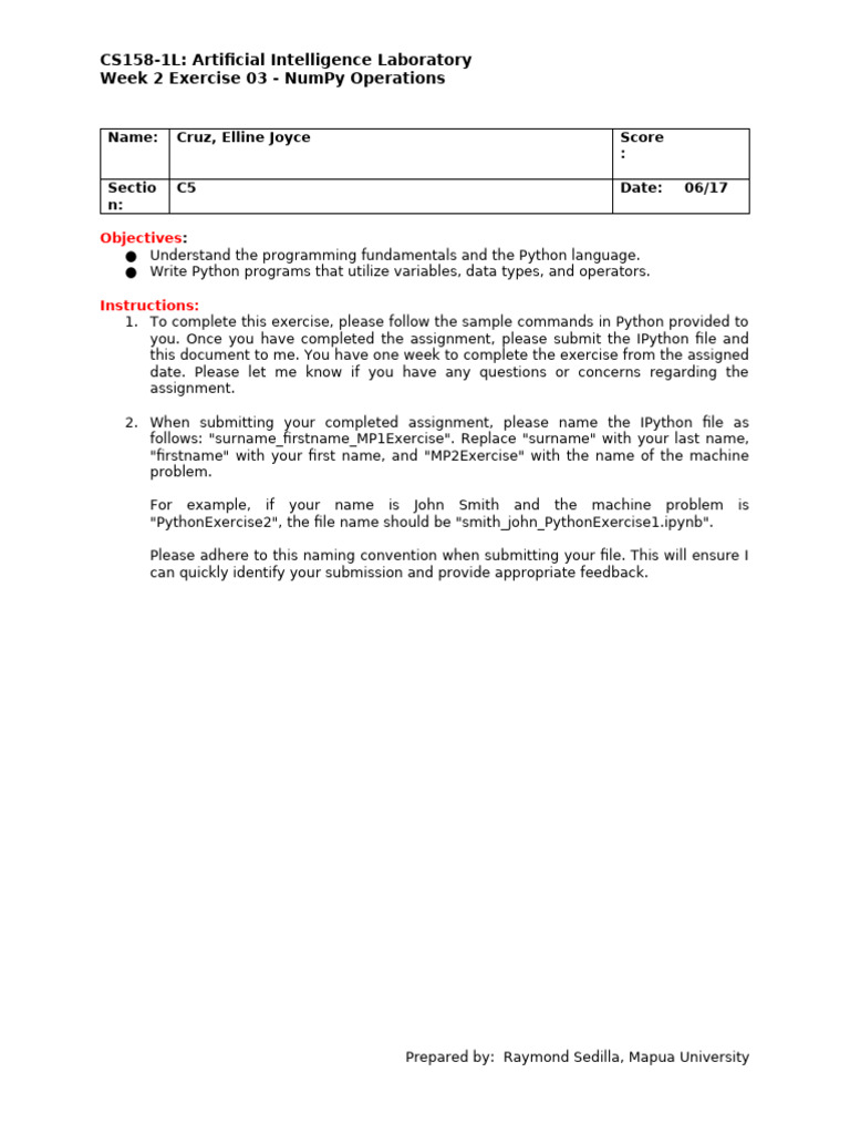 Week 2 Exercise 03 - NumPy Operations | PDF | Matrix (Mathematics ...
