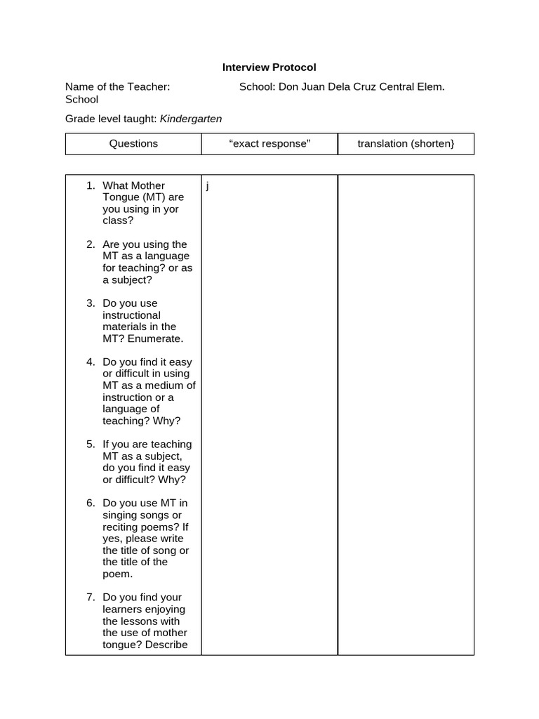 Kindergarten Teacher Interview Guide | PDF