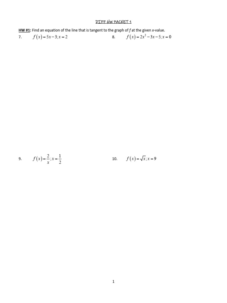 Acc Calc DIFF HW PACKET 1 | PDF | Tangent | Derivative
