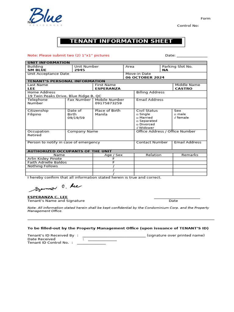 1 TENANT INFORMATION SHEET - CONTRACT - Cherry Ann - 100624 | PDF ...
