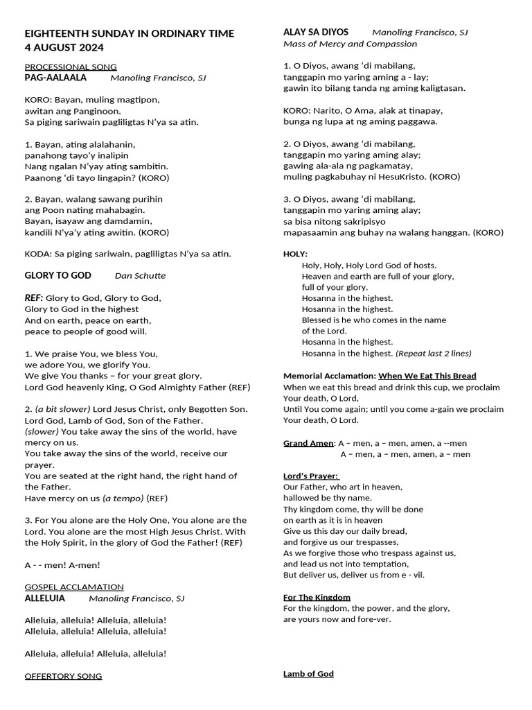 4 AUG. 2024 EIGHTEENTH SUNDAY IN OT Mass Songs PDF Lord's Prayer