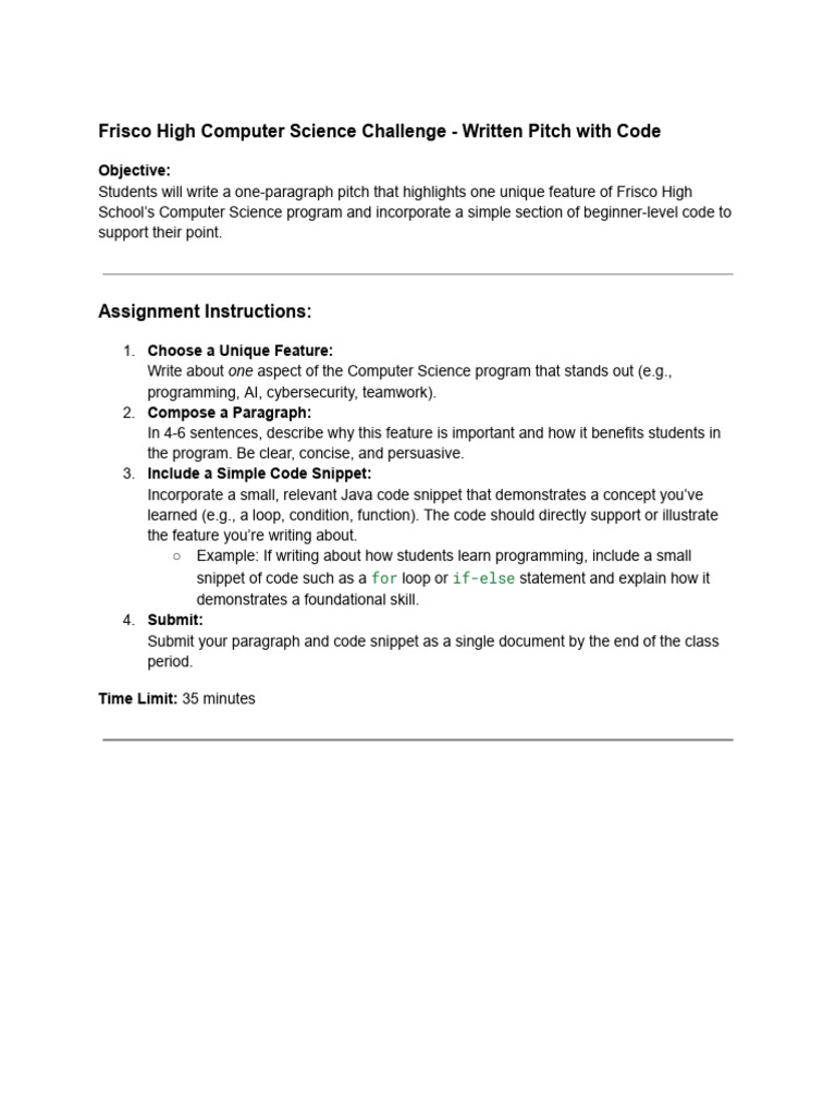 Frisco High Computer Science Challenge - Written Pitch With Code | PDF ...