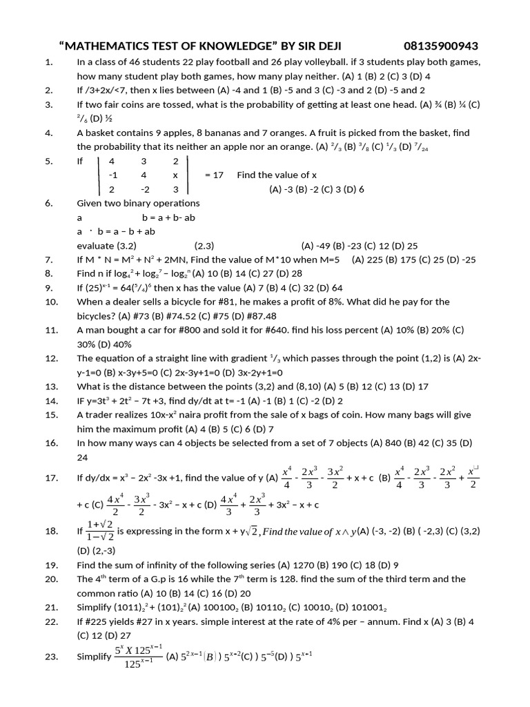 Mathematics test of pdf