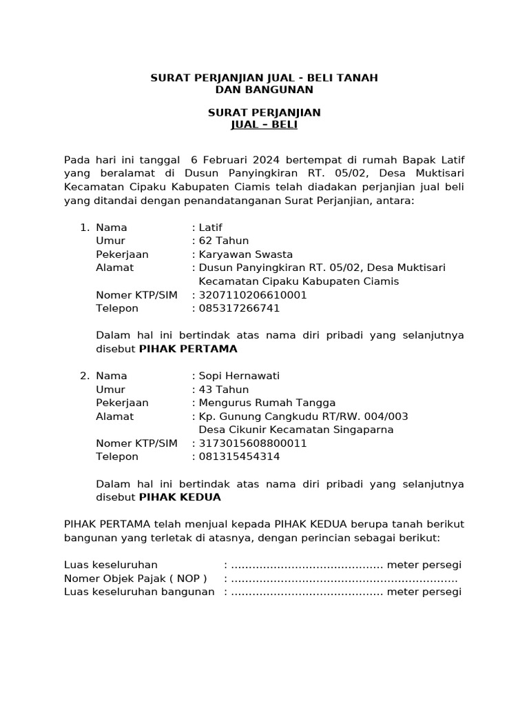 Perjanjian Jual Beli Tanah dan Bangunan | PDF
