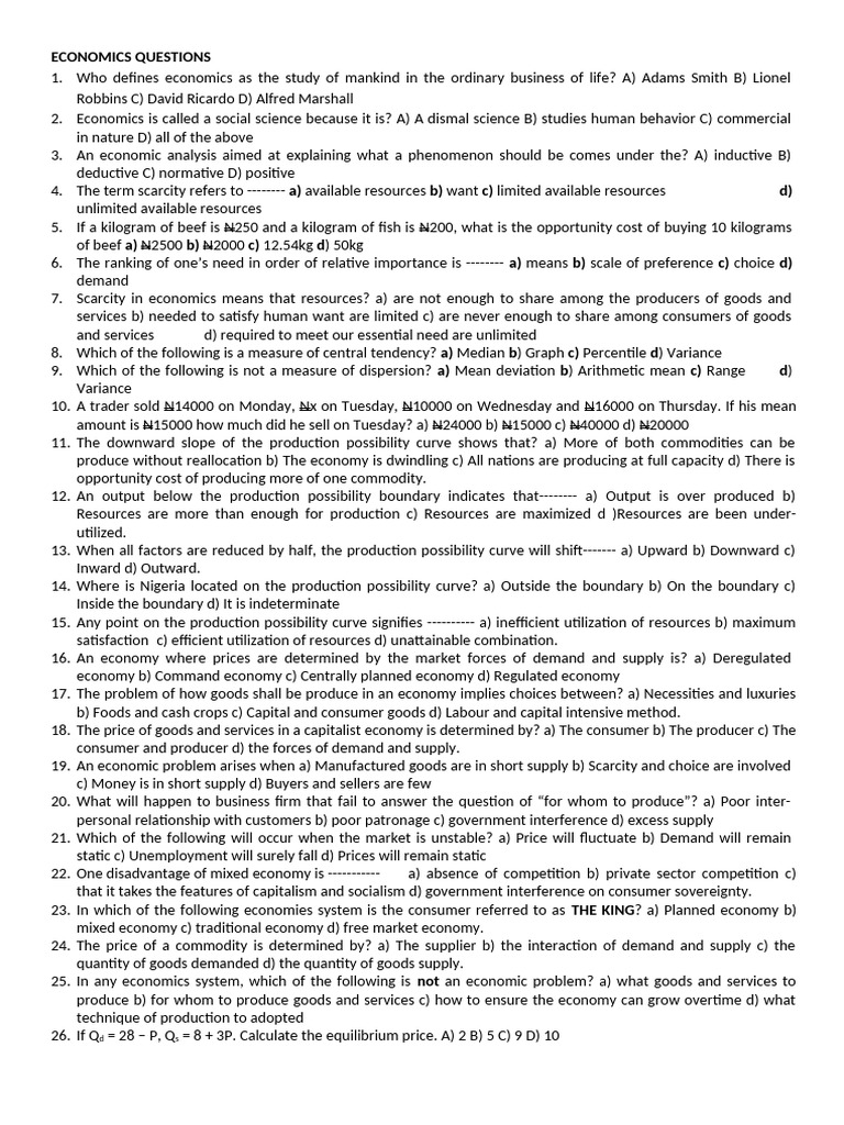 Economics Quiz Questions and Answers | PDF | Demand | Elasticity ...