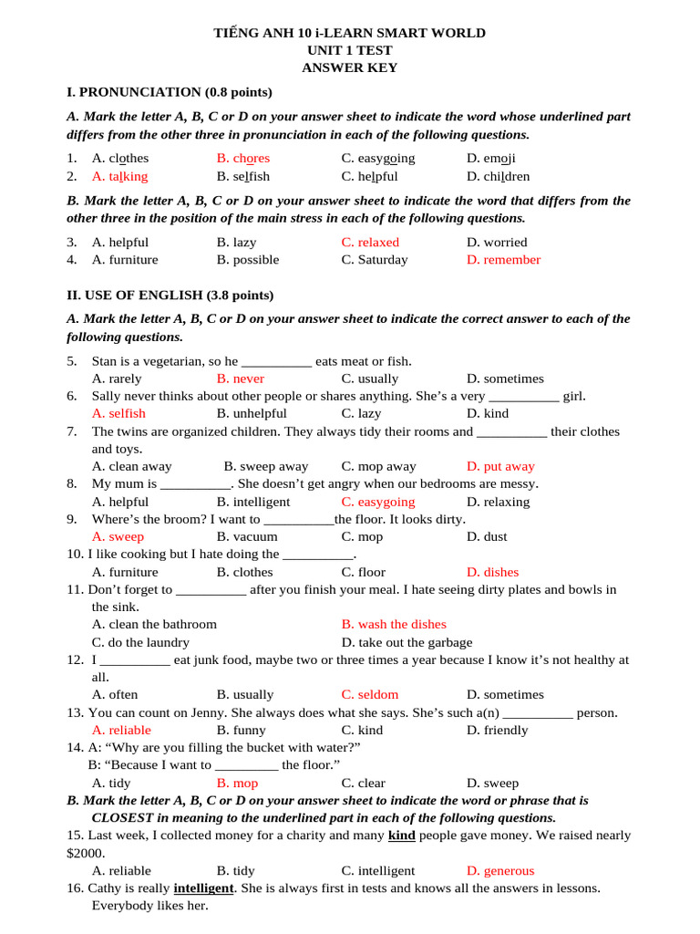 Unit 1 Test Answer Key for 10th Grade | PDF | Adolescence