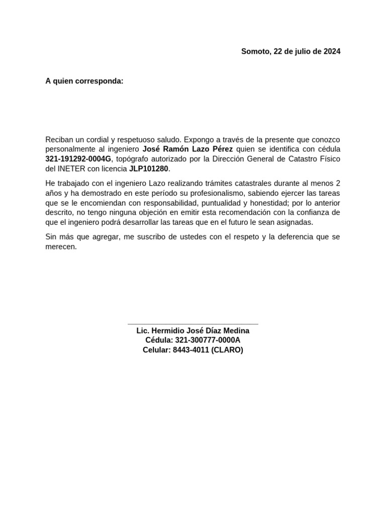 Recomendación Profesional Ingeniero Lazo | PDF