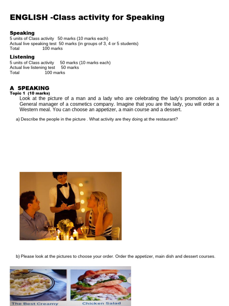 Class Activity Speaking in English (Intermediate) 2024 PDF