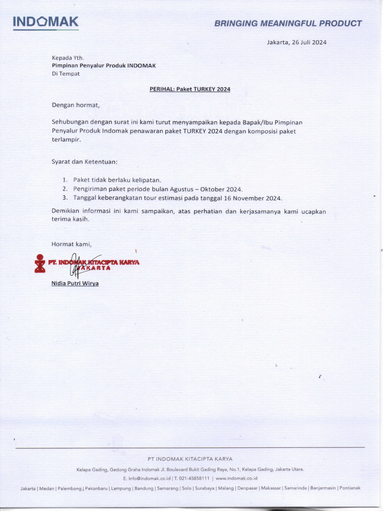 Surat Pemberitahuan - PAKET TURKEY 2024 | PDF