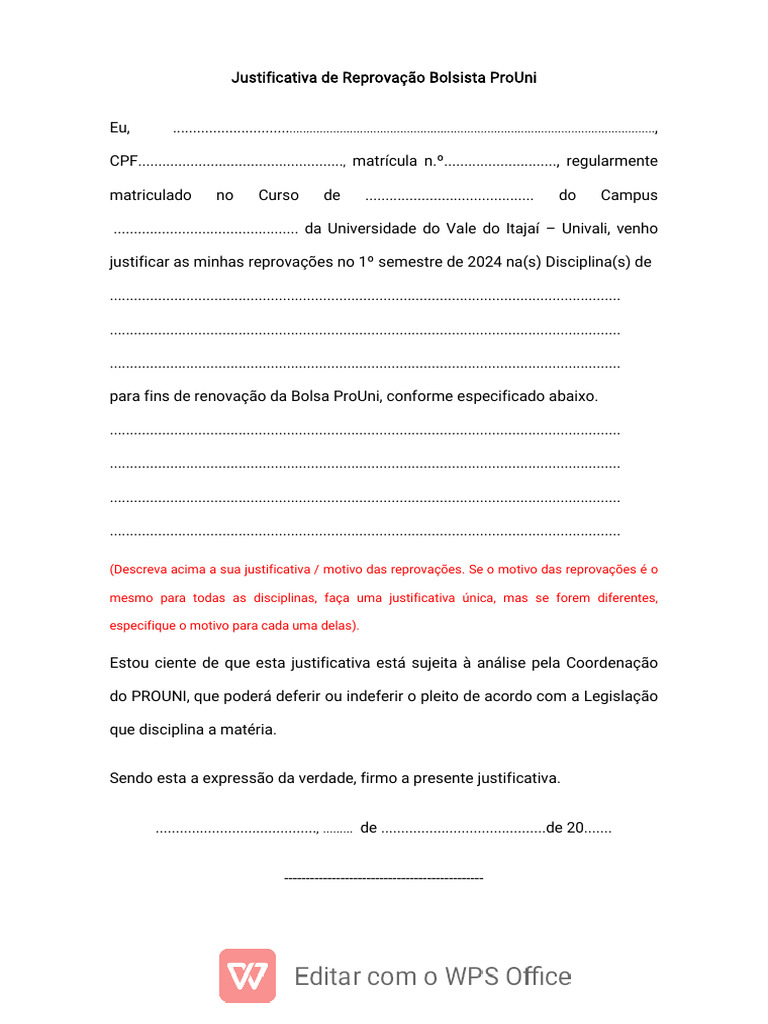 Justificativa de Reprovação ProUni | PDF