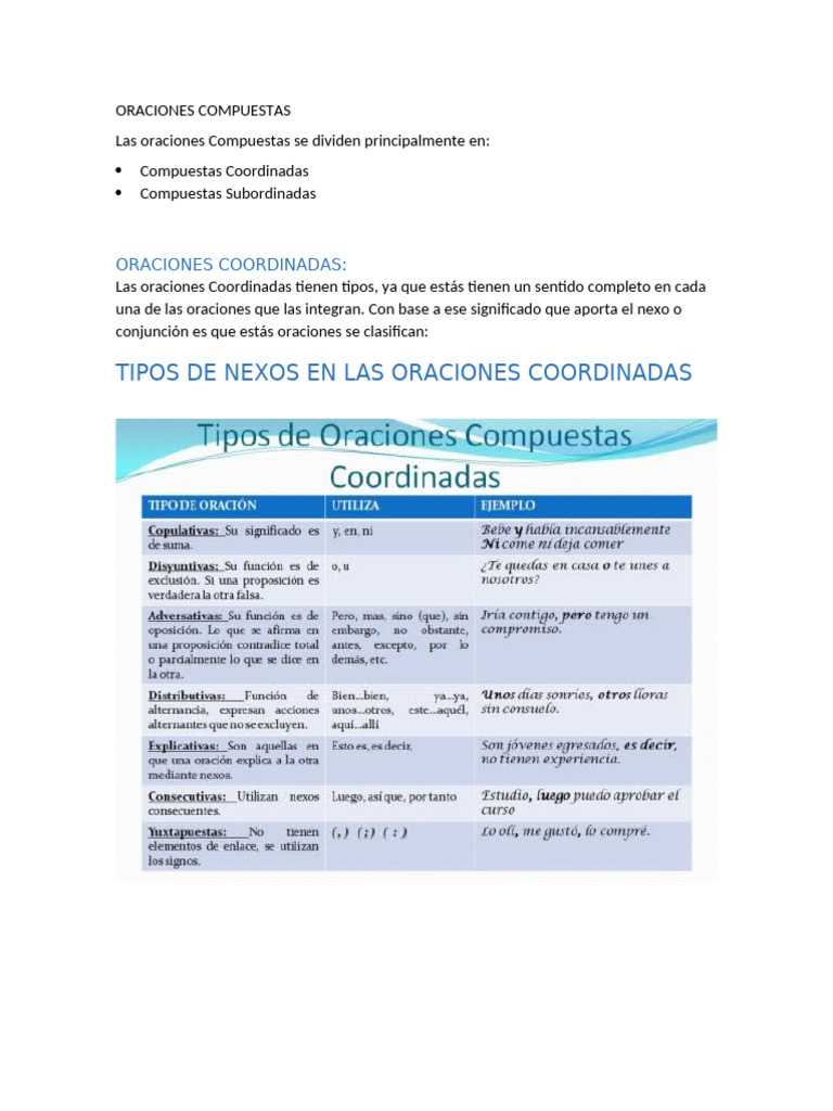 Tipos de Oraciones Compuestas | PDF | Artes del Lenguaje y Comunicación
