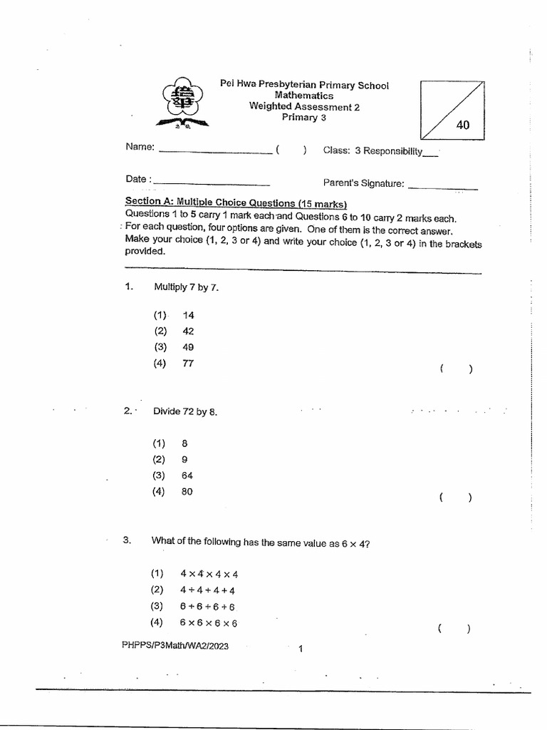 10 P3 Maths 2023 WA2 Peihwa | PDF
