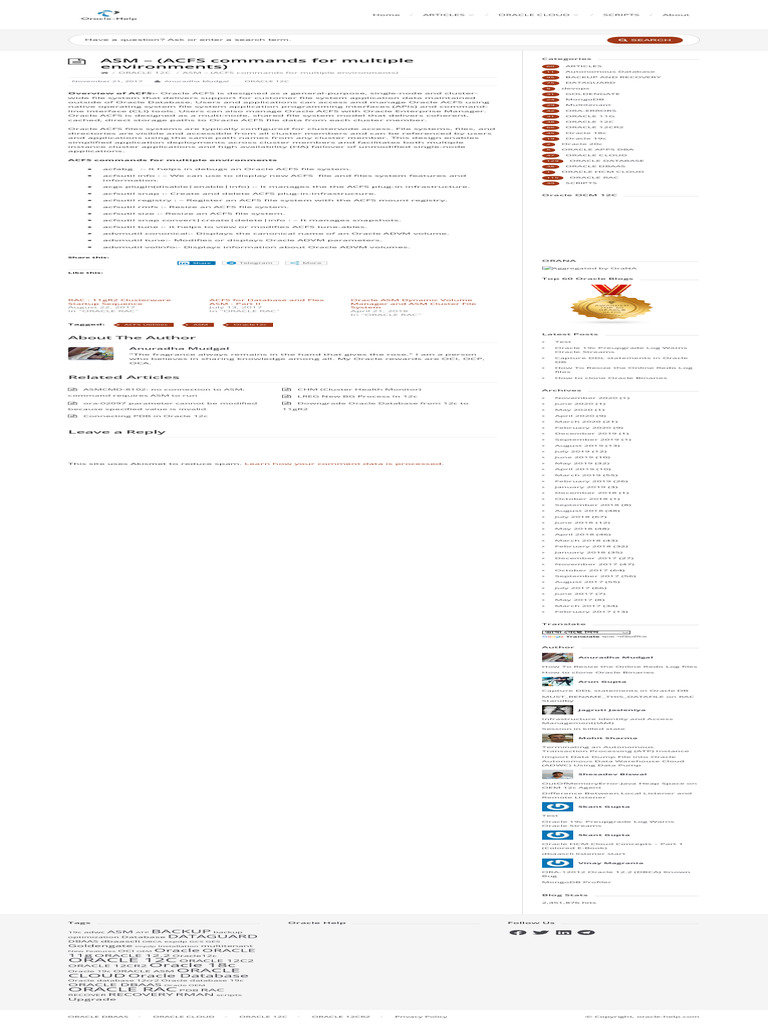 ORACLE-HELP - ASM - (ACFS Commands For Multiple Environments) | PDF ...