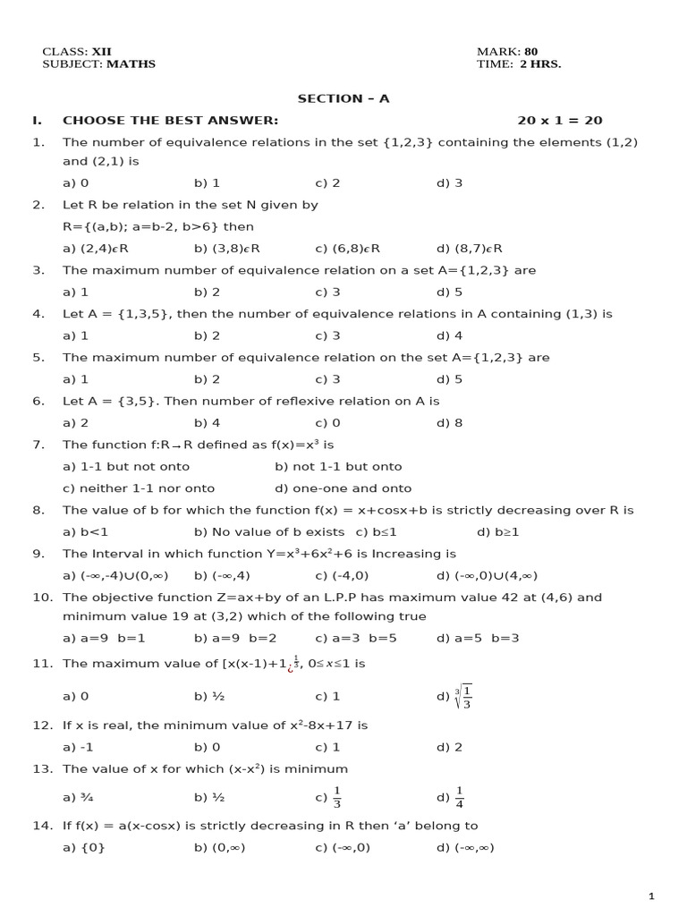 Class 12 Maths Exam Questions and Answers | PDF | Function (Mathematics ...