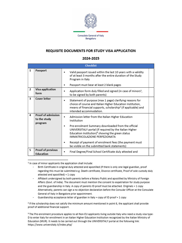 Checklist Study Visa 24 25 Bangalore Pdf Travel Visa Passport
