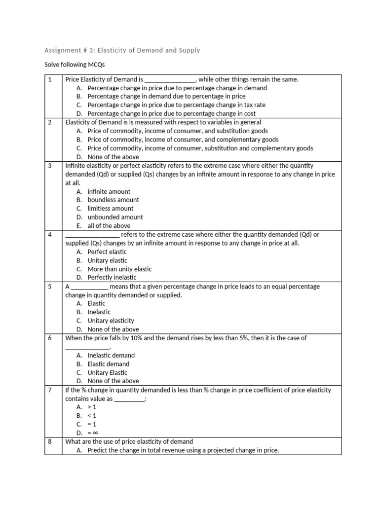 Elasticity of Demand and Supply MCQs | PDF | Elasticity (Economics ...