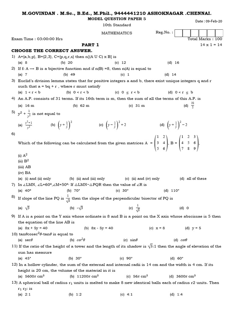 10th Maths Model Question Paper | PDF | Mathematics | Mathematical Concepts