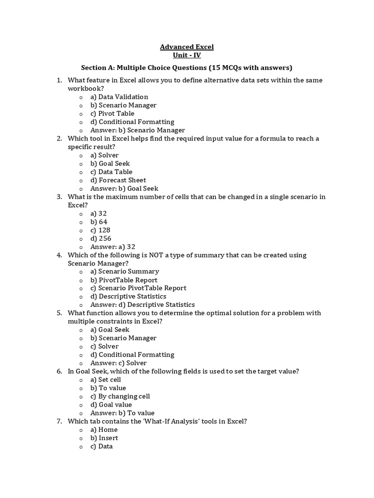Advanced excel unit iv section a multiple choice questions 15 mcqs