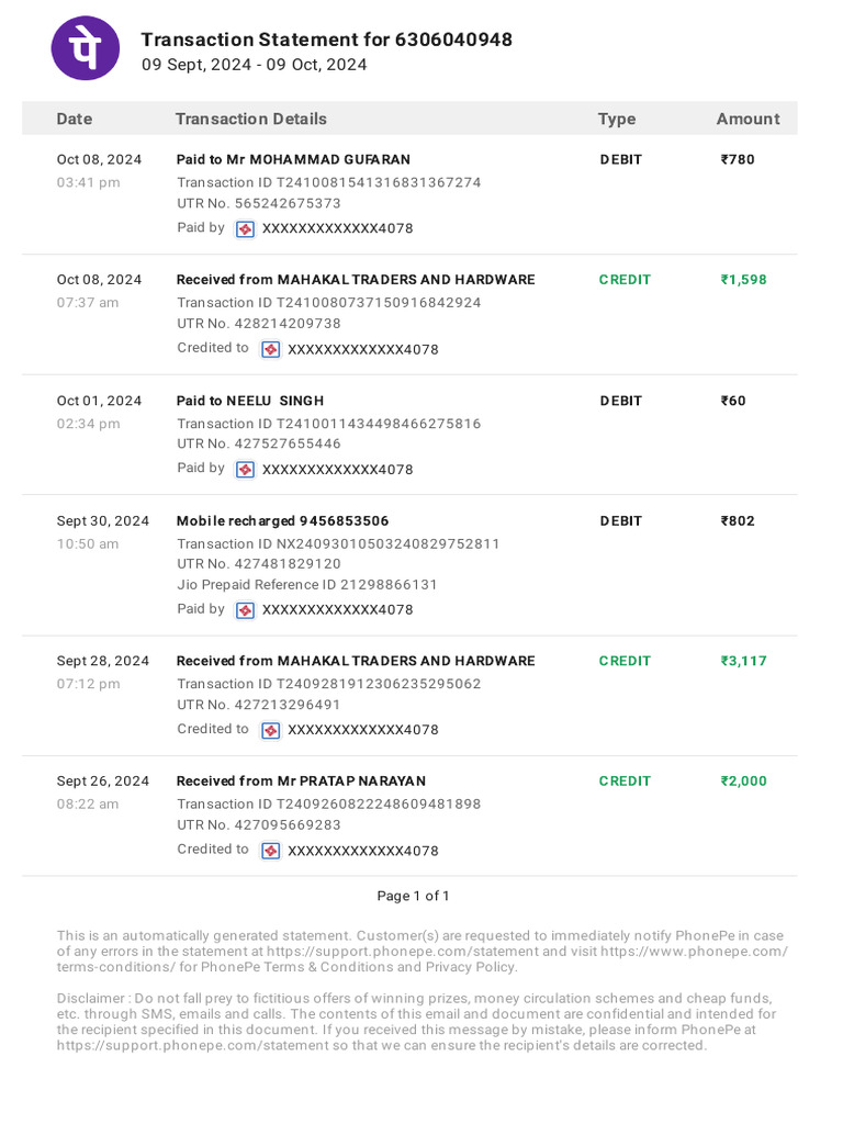 Transaction Statement Sep-Oct 2024 | PDF | Debit Card | Service Industries