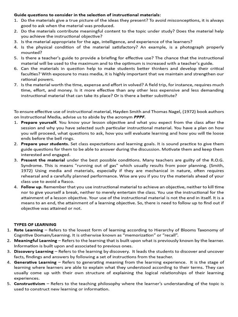 Selection of Instructional Materials | PDF | Learning | Cognition