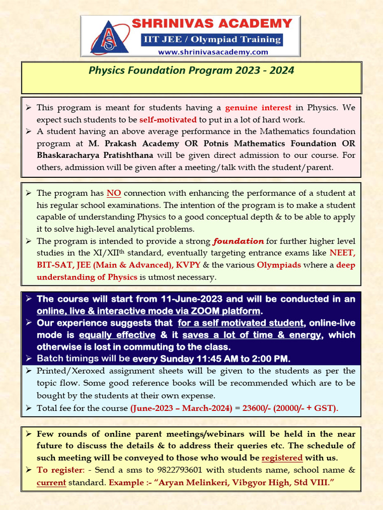 Physics Foundation Program 2023-24 | PDF