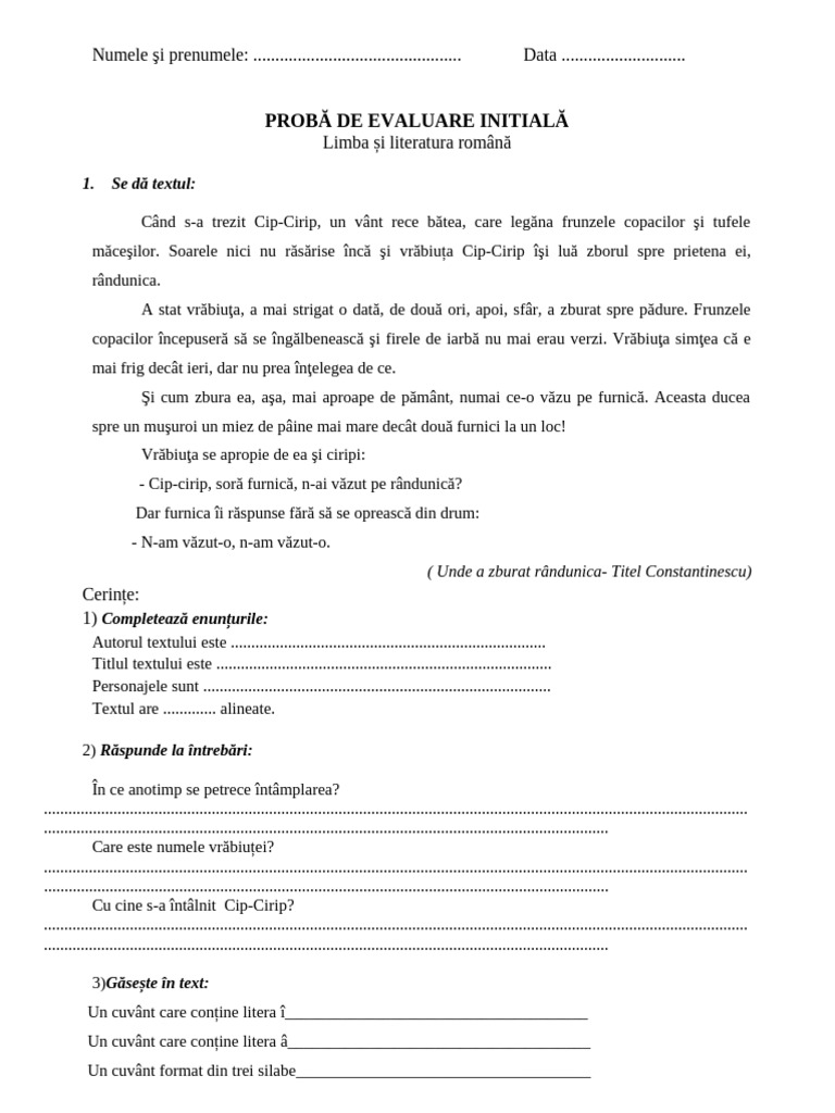 Evaluare Initiala Limba Româna | PDF