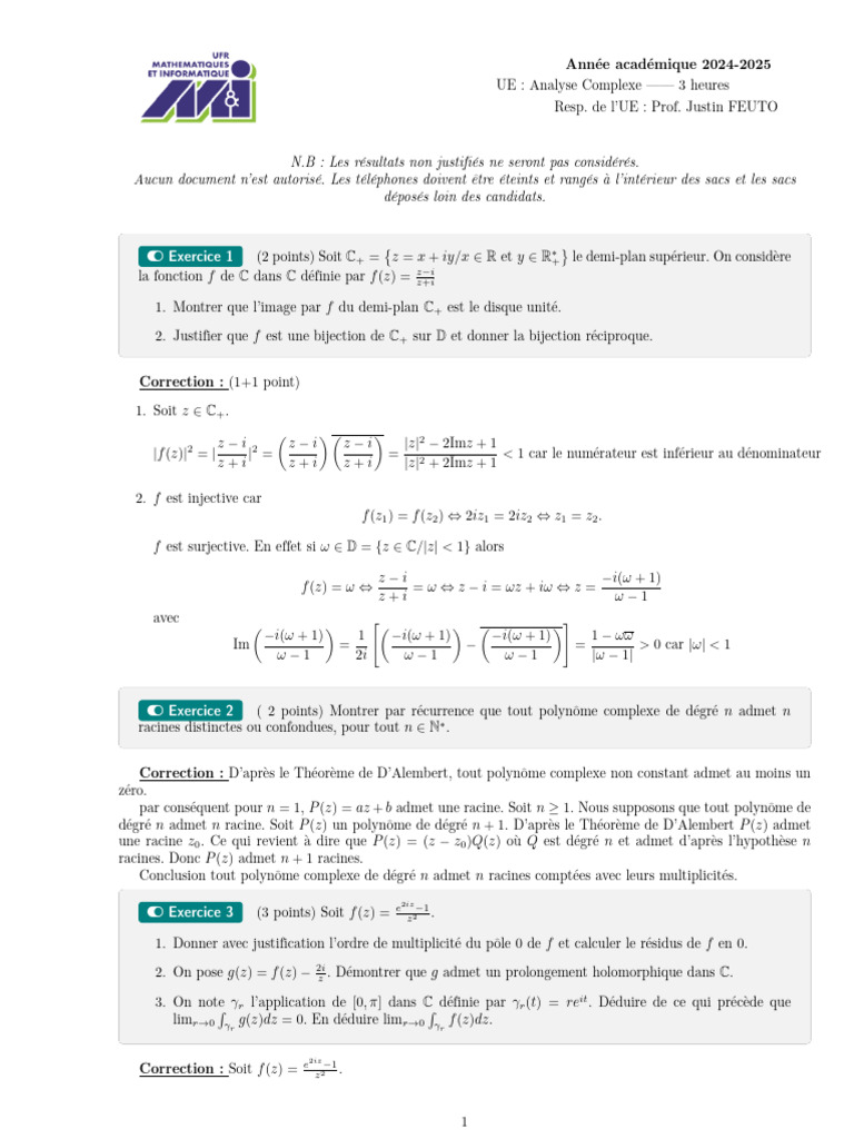 Analyse complexe : exercices et corrections | PDF | Fonction holomorphe ...