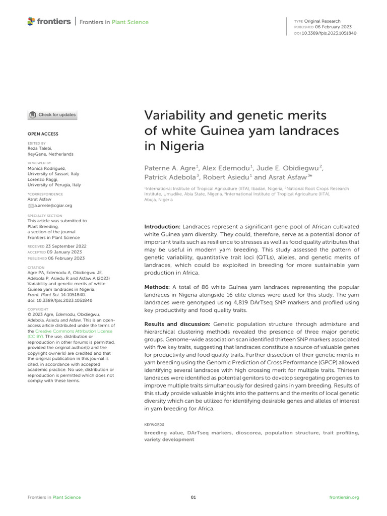 Variability and Genetic Merits of White Guinea Yam Landraces in Nigeria ...