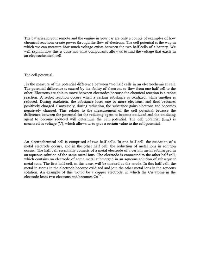 Cell Potential PDF Redox Electrochemistry
