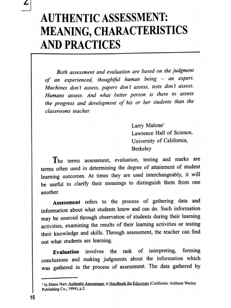Authentic Assessment Meaning, Characteristics and Principles | PDF